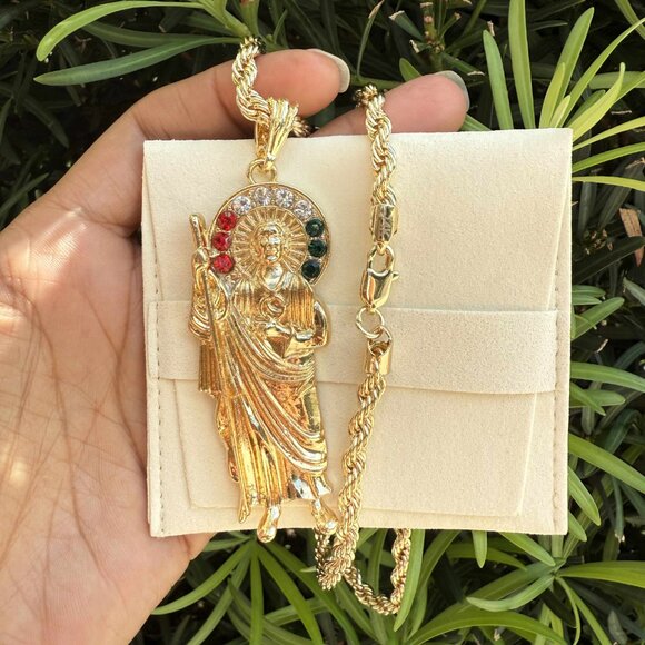 St Jude Thaddeus Pendant Necklace 14K Gold Plated Religious Rope Torch 20x4mm - Picture 4 of 6